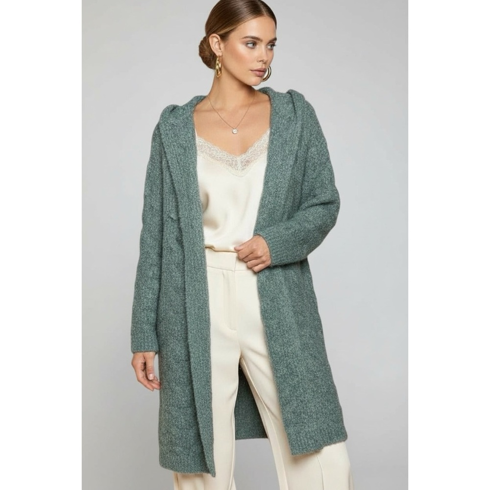 POL Sage Green Hooded Cardigan | Plush Fuzzy Long Knit Coat - Picture 5 of 8